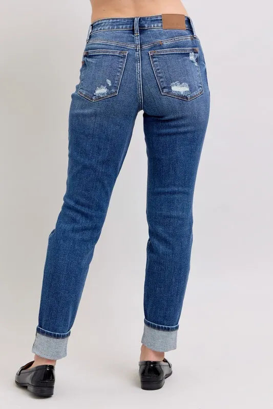 Judy Blue Full Size Mid Rise Boyfriend destroy Jeans with Yoke Pockets and Faux Selvedge Cuff Plus Size | Daverri Fashions