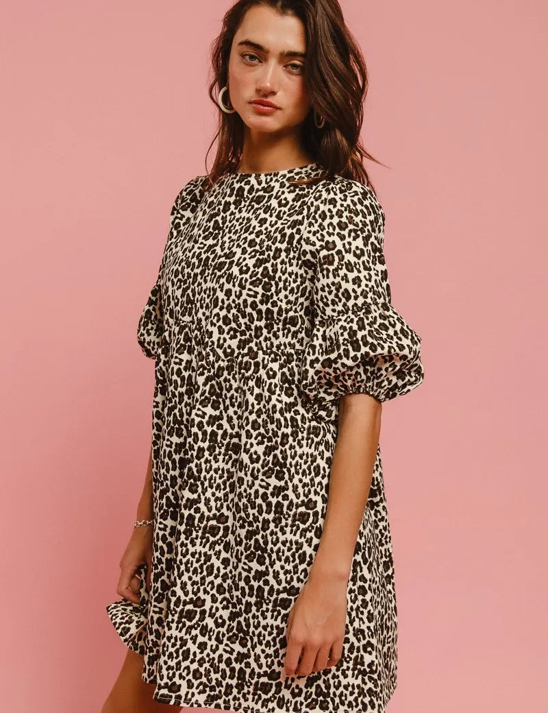 BiBi Leopard Denim Dress With Back Contrast Tie Detail | Daverri Fashions