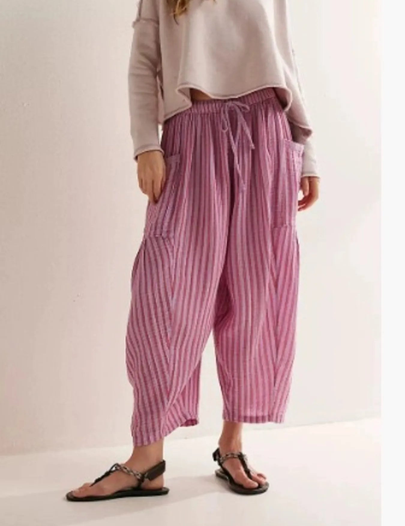 Dusty Pink Full Size Striped Wide Leg Casual Pants Plus Size | Pants Daverri Fashions