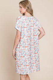 BOMBOM Printed Round Neck Short Sleeve Tee Dress | Daverri Fashions