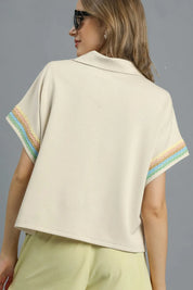 Umgee Contrast Trim Half Zip Collared Blouse | Blouses Daverri Fashions