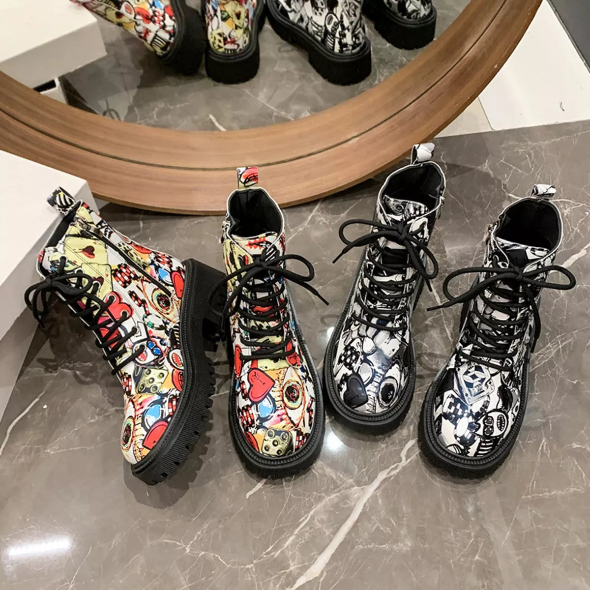 Graffiti Print Combat Boots with Colorful Street Art Design | Boots Daverri Fashions