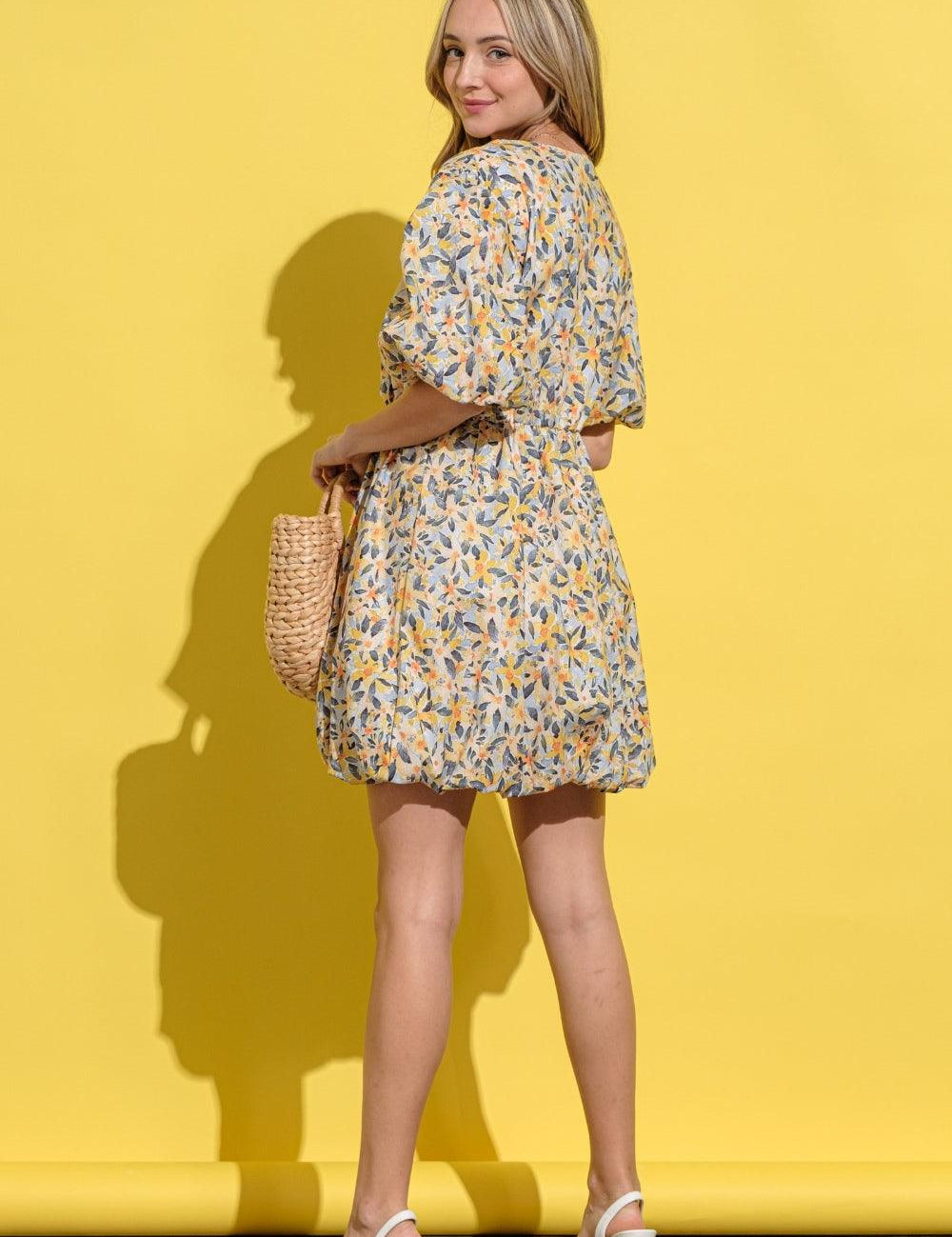 And The Why Full Size Floral Surplice Puff Sleeve Dress | Daverri Fashions