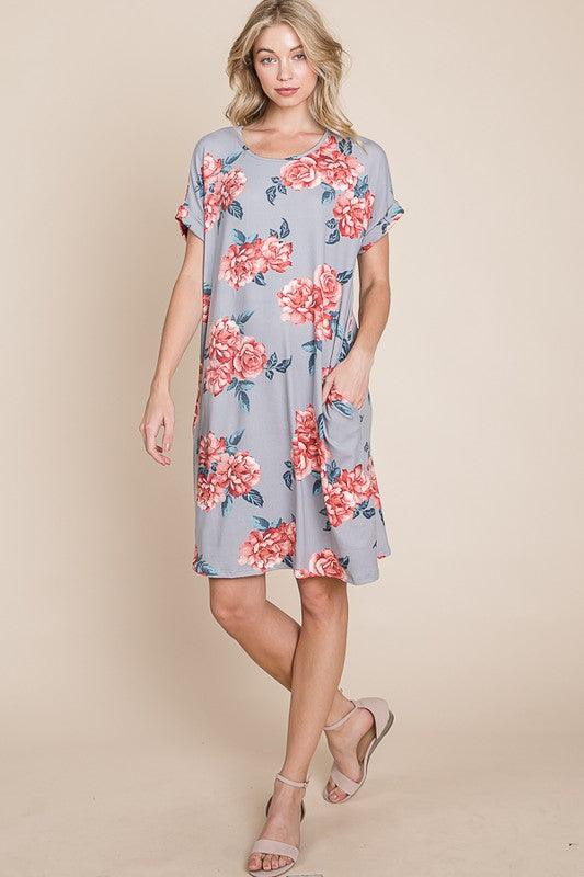 BOMBOM Floral Round Neck Short Tee Dress with Pockets | Daverri Fashions