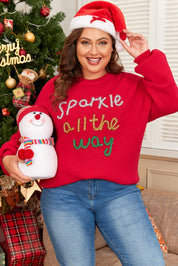 Racing Red Sparkle All The Way Tinsel Crew Neck Plus Size Sweater | Plus Size/Plus Size Sweaters & Cardigans Daverri Fashions