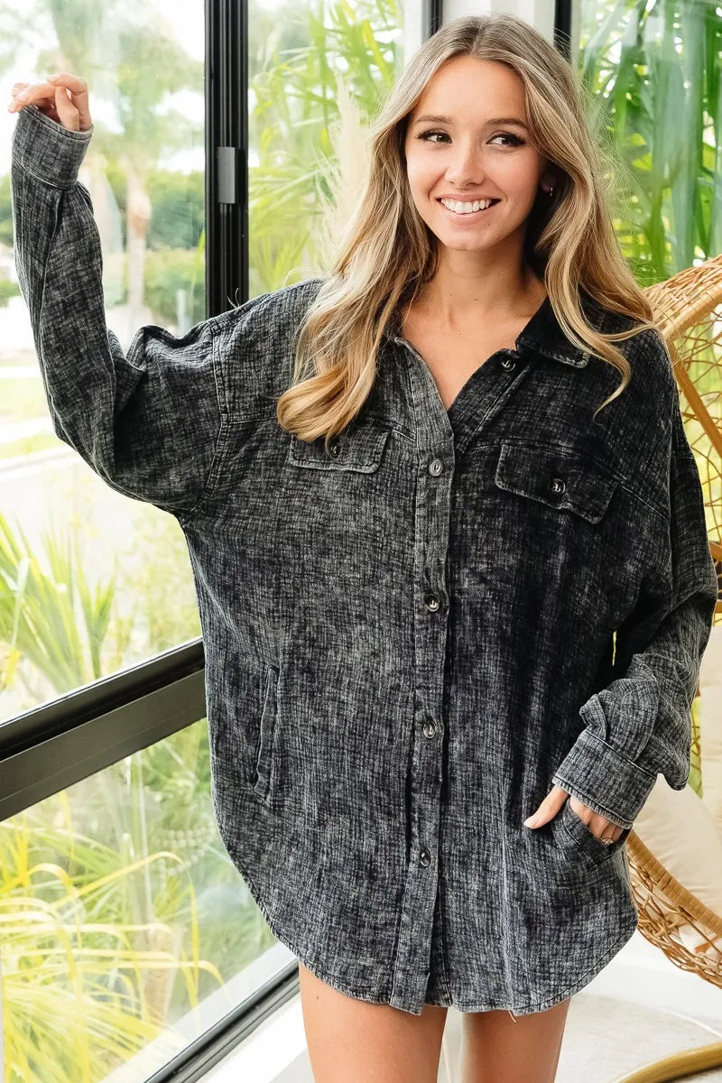 BiBi Vintage Washed Wrinkle Gauze Shacket | Daverri Fashions