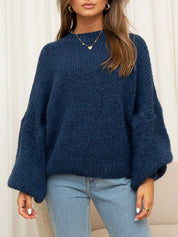 Navy Blue Round Neck Dropped Shoulder Sweater | Sweaters Daverri Fashions
