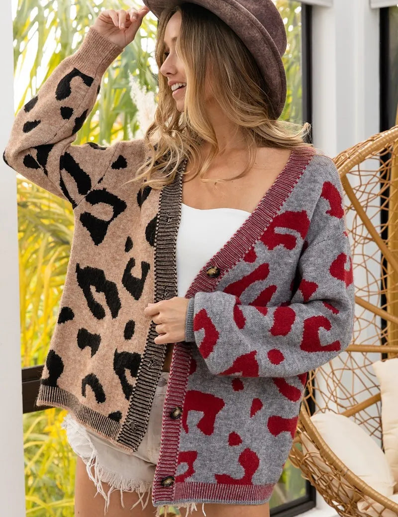 TAUPE GREY MULTI BiBi Leopard Color Block Button Down Sweater Cardigan | Cardigans Daverri Fashions