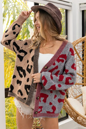 TAUPE GREY MULTI BiBi Leopard Color Block Button Down Sweater Cardigan | Cardigans Daverri Fashions