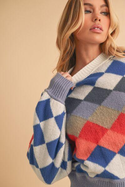 Aemi + Co Diamond Mock Neck Raglan Sleeve Sweater | Sweaters Daverri Fashions