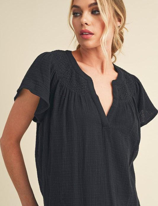 Aemi + Co Embroidered Trim Side Slit Notched Short Sleeve Blouse | Blouses Daverri Fashions
