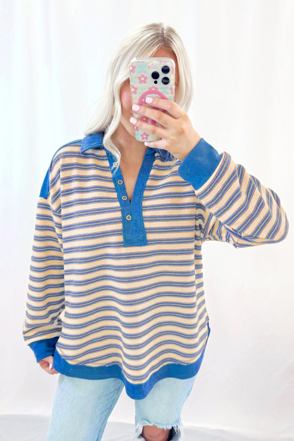 Striped Buttoned V Neck Collared Drop Shoulder Top | Tops/Long Sleeve Tops Daverri Fashions