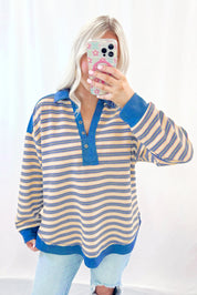 Striped Buttoned V Neck Collared Drop Shoulder Top | Tops/Long Sleeve Tops Daverri Fashions