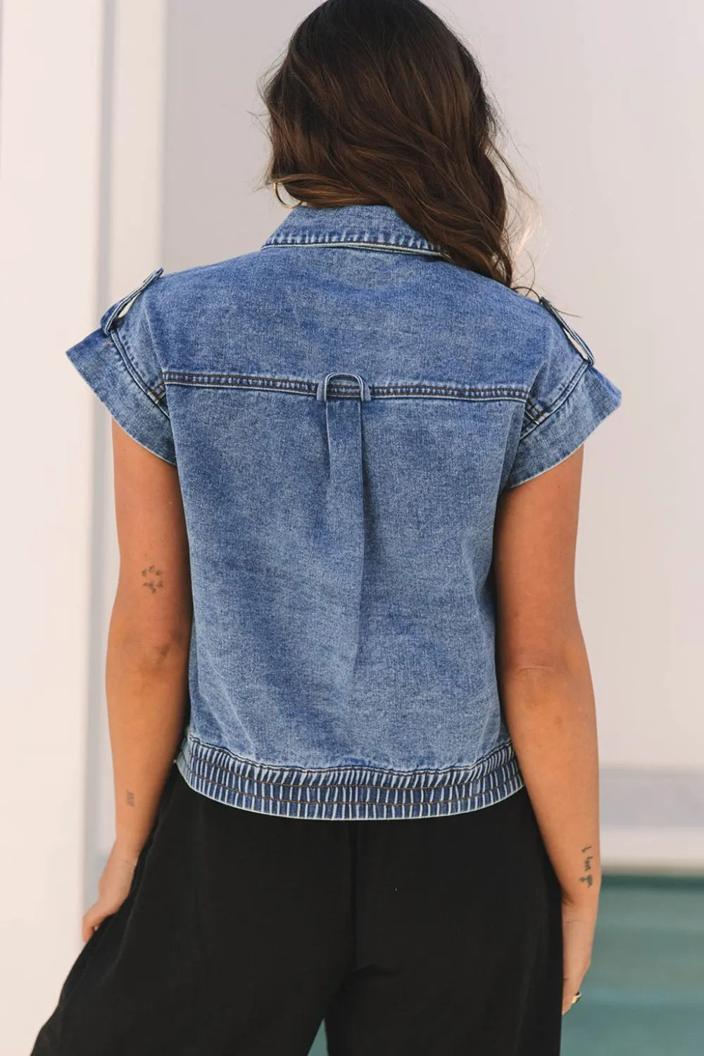 Button Up Cap Sleeve Denim Jacket | Denim Jacket Daverri Fashions