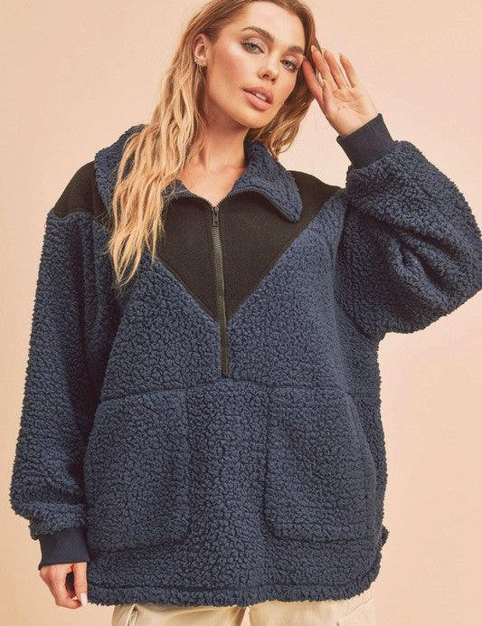 Navy Aemi+Co Two Tone Half Zip Fleece Sweatshirt | Sweatshirts Daverri Fashions
