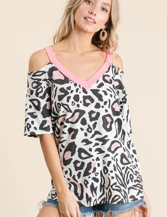 BiBi Leopard Print Top with Shoulder Cut Out | Tops Daverri Fashions