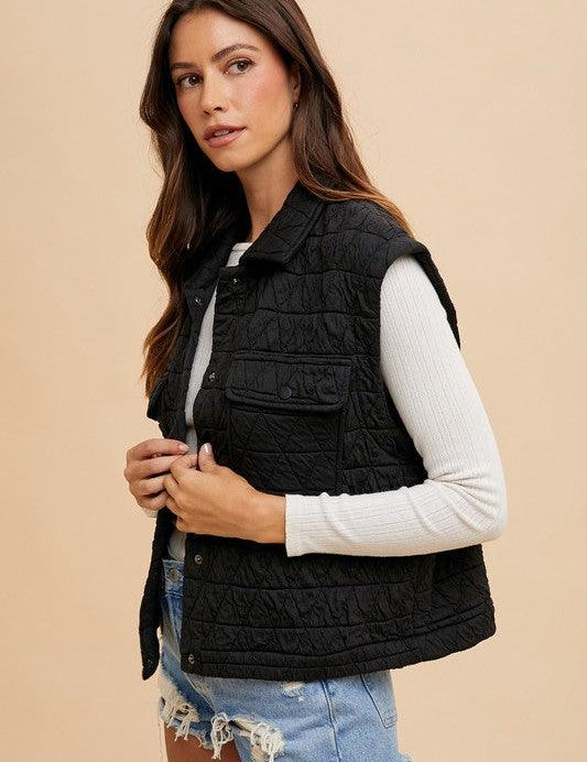 Annie Wear Texture Quilted Snap Down Vest Coat | Tops Daverri Fashions
