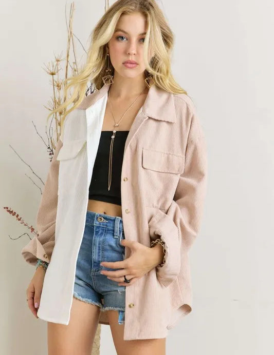 ADORA Color Block Corduroy Shacket | Daverri Fashions
