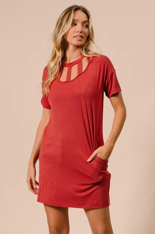 BiBi Front Cutout Mini Tee Dress with Pockets | Daverri Fashions