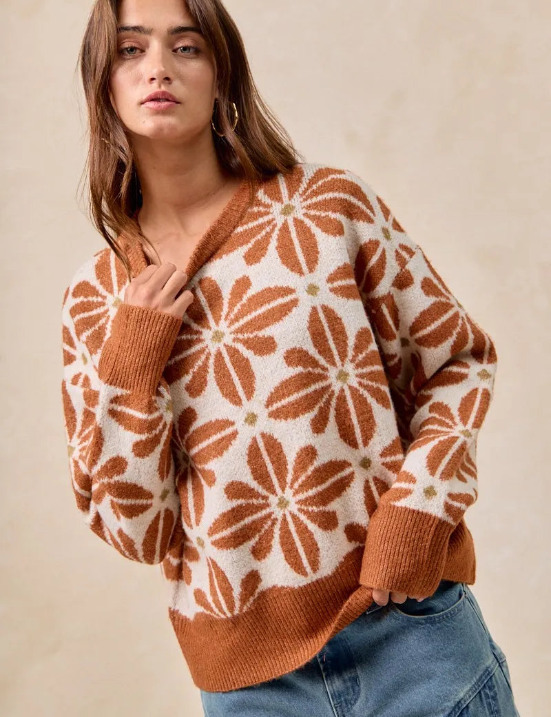 RUST IVORY BiBi Flower Pattern Long Sleeve Sweater | Sweaters Daverri Fashions