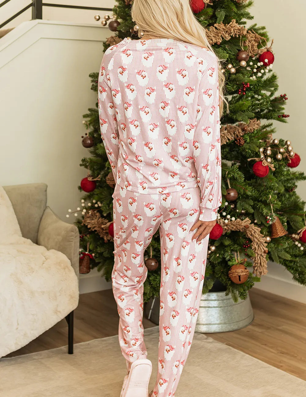 Santa Print Long Sleeve Top and Pants Lounge Set | Loungewear Sets Daverri Fashions