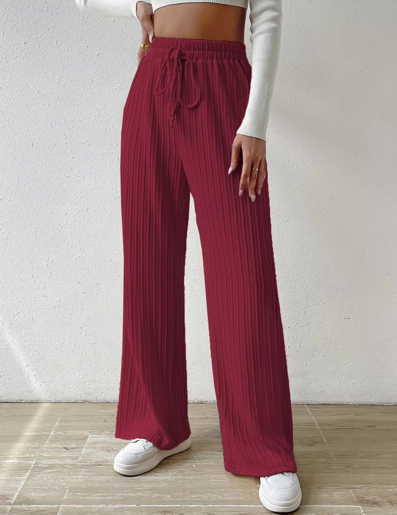 Wine Red Drawstring Wide Leg Pants | Loungewear Bottoms Daverri Fashions