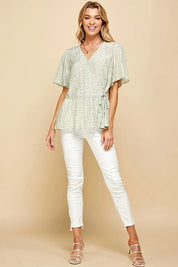 Lime 'N' Chili Ditsy Print V-Neck Short Sleeve Wrap Blouse | Daverri Fashions