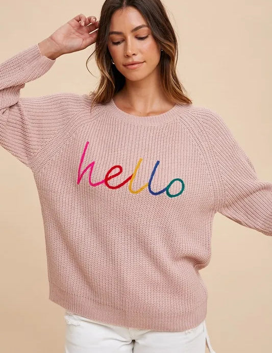 Mauve Annie Wear HELLO Embroidered Raglan Sleeve Sweater | Sweaters Daverri Fashions
