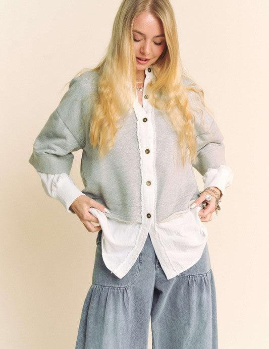 HEATHER GREY S Davi & Dani Faux Layered French Terry Contrast Top | Tops Daverri Fashions