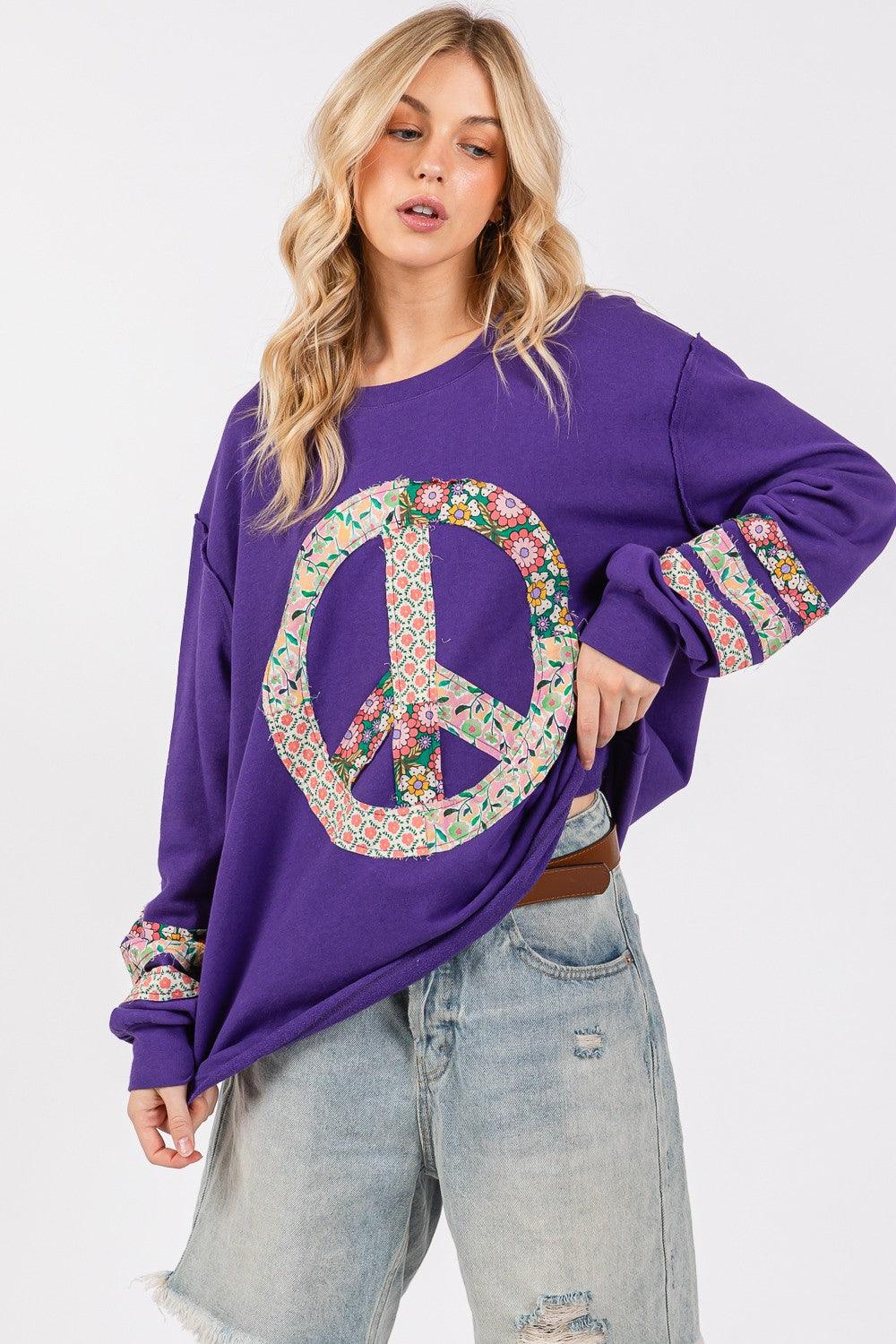 SAGE+FIG Peace Applique Patch Long Sleeve Top | Tops Daverri Fashions
