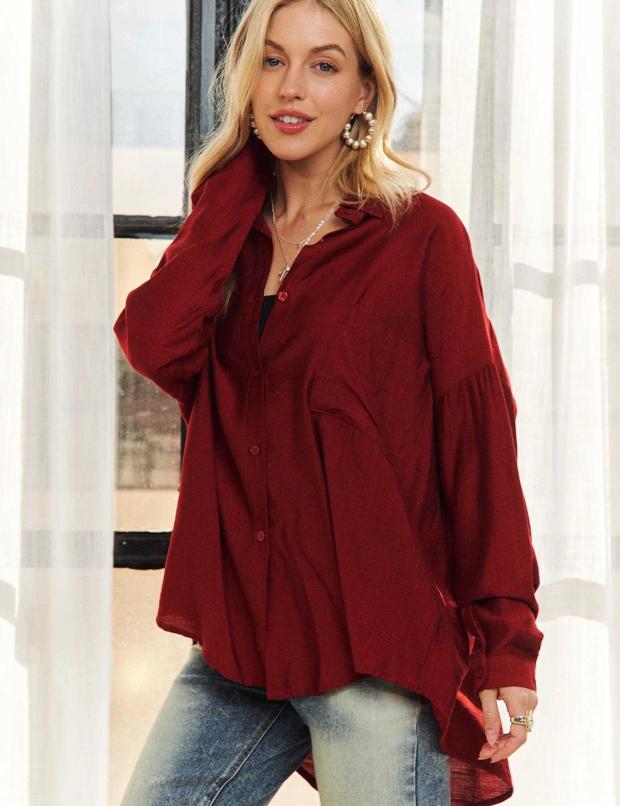 BURGUNDY ADORA Button Down Linen Shirt | Daverri Fashions