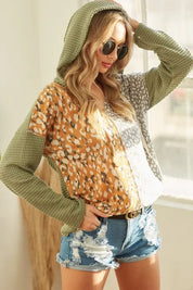 DUSTY SAGE MUSTARD BiBi Popcorn Waffle Knit Hoodie with Print Block Front | Hoodies Daverri Fashions