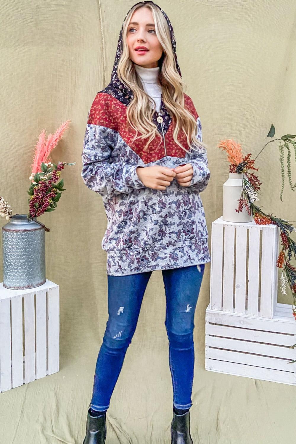 And The Why Printed Half Zip Up Long Sleeve Hoodie | Daverri Fashions