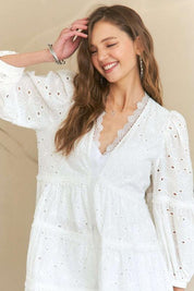 ADORA Lace Detail Tiered Eyelet V-Neck Babydoll Dress | Babydoll Dresses Daverri Fashions