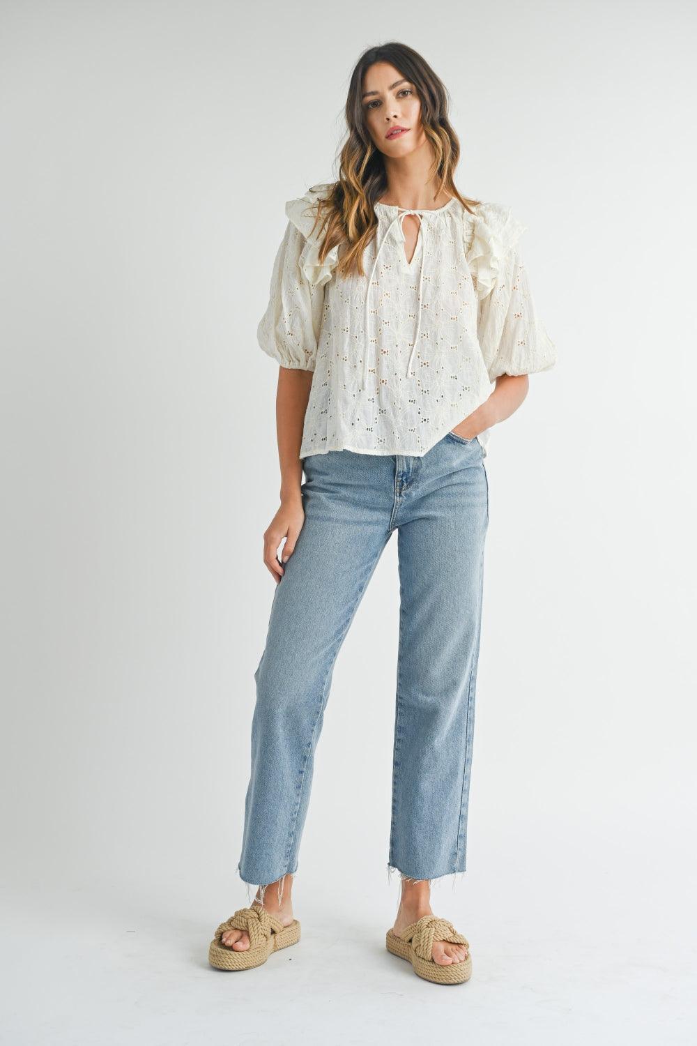 MABLE Eyelet Lace Ruffle Shoulder Puff Sleeve Blouse | Daverri Fashions