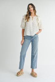 MABLE Eyelet Lace Ruffle Shoulder Puff Sleeve Blouse | Daverri Fashions