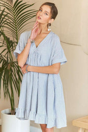 Light Blue S ADORA Ruffled Hem Striped V-Neck Babydoll Dress | Babydoll Dresses Daverri Fashions