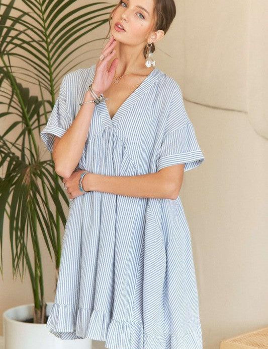 Light Blue S ADORA Ruffled Hem Striped V-Neck Babydoll Dress | Babydoll Dresses Daverri Fashions