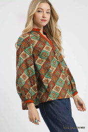 Umgee Abstract Print Ruffle Neck Top | Daverri Fashions