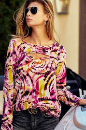 BiBi Print Tie Dye Rib Knit Top With Cut Out Neck | Tops Daverri Fashions