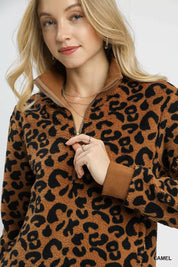 Umgee Leopard Print Quarter-Zip Sweatshirt | Daverri Fashions