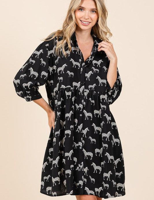 Black S Mittoshop Zebra Print Button Down Shirt Mini Dress | Mini Dresses Daverri Fashions