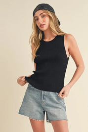 Black Aemi + Co Ribbed Round Neck Knit Tank | Daverri Fashions
