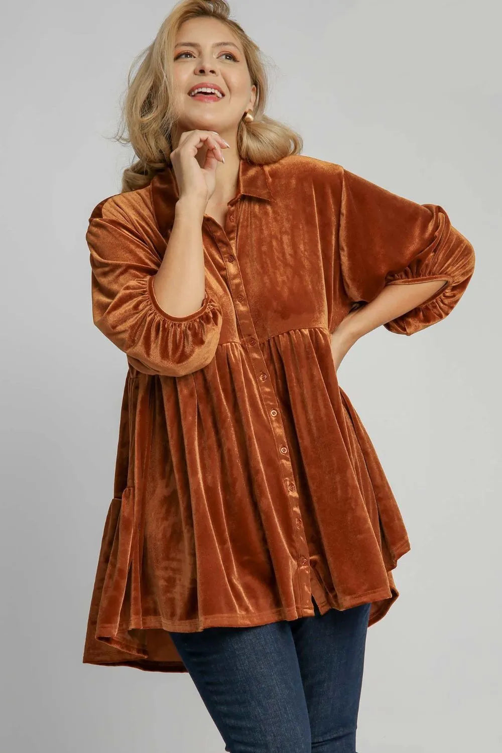 Umgee Full Size Button Down Tiered Back High Low Shirt | Daverri Fashions