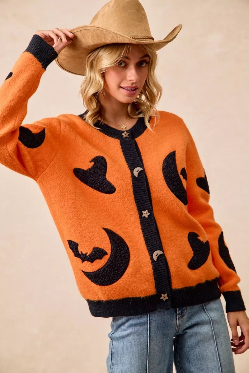 BiBi Halloween Witch Hat Moon Bat Artwork Cardigan | Cardigans Daverri Fashions