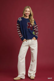 Umgee Flower Jacquard Striped Long Sleeve Sweater | Sweaters Daverri Fashions