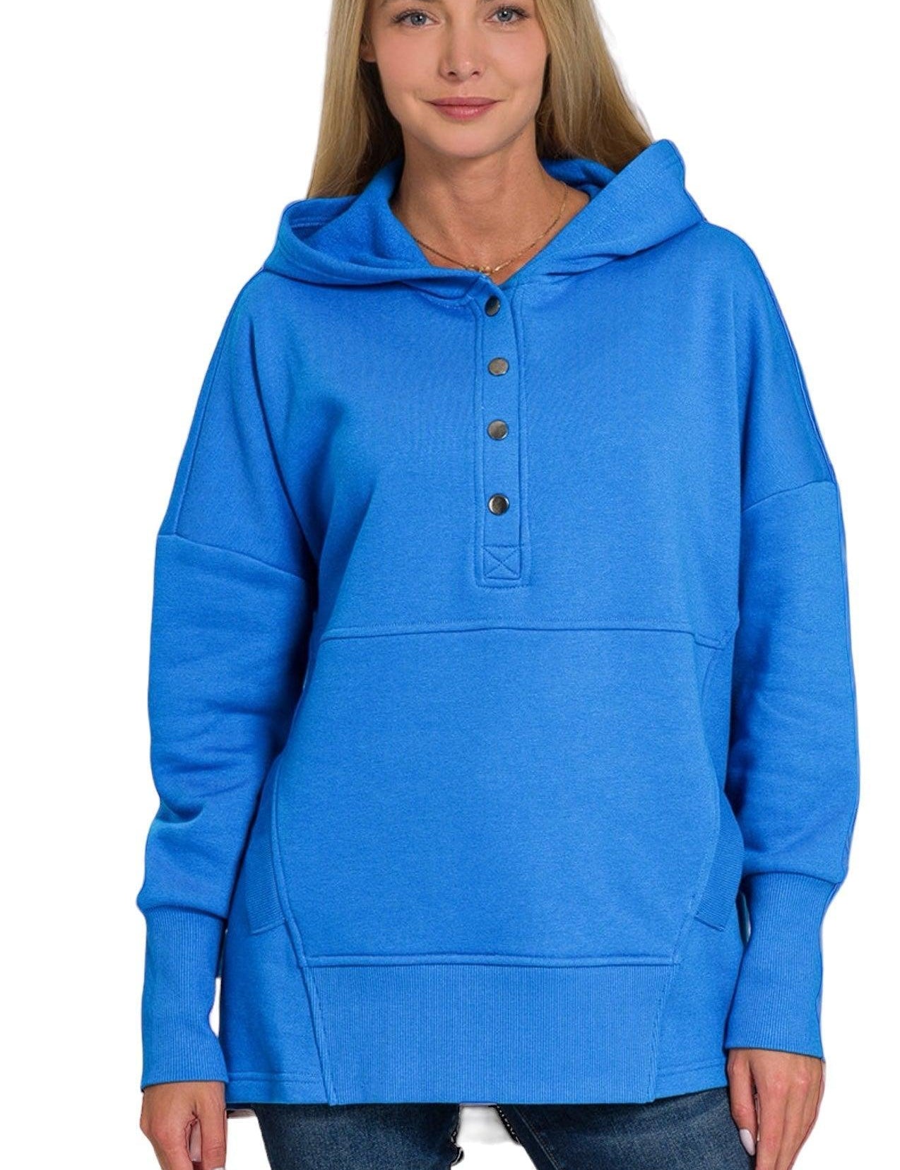 Half Snap Loose Fit Hooded Pullover | Sweatshirts Daverri Fashions