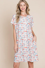 Red BOMBOM Printed Round Neck Short Sleeve Tee Dress | Daverri Fashions