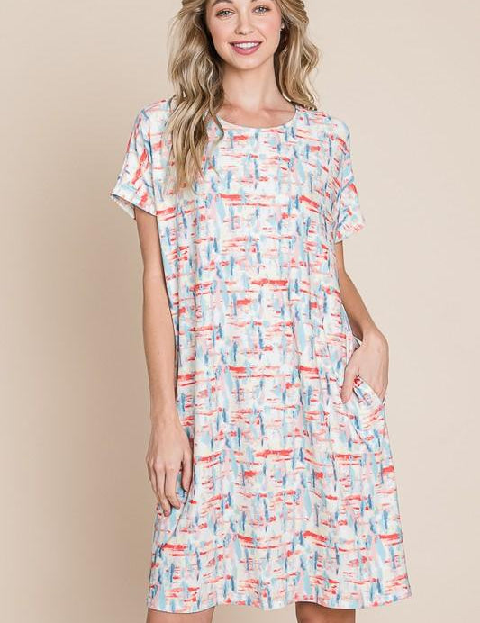 Red BOMBOM Printed Round Neck Short Sleeve Tee Dress | Daverri Fashions