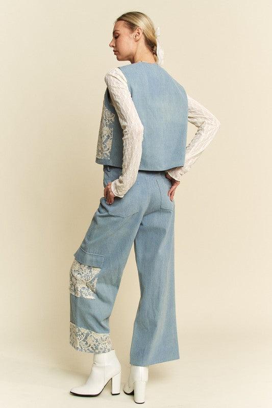 Davi & Dani Lace Patch Open Front Denim Vest | Denim Vests Daverri Fashions